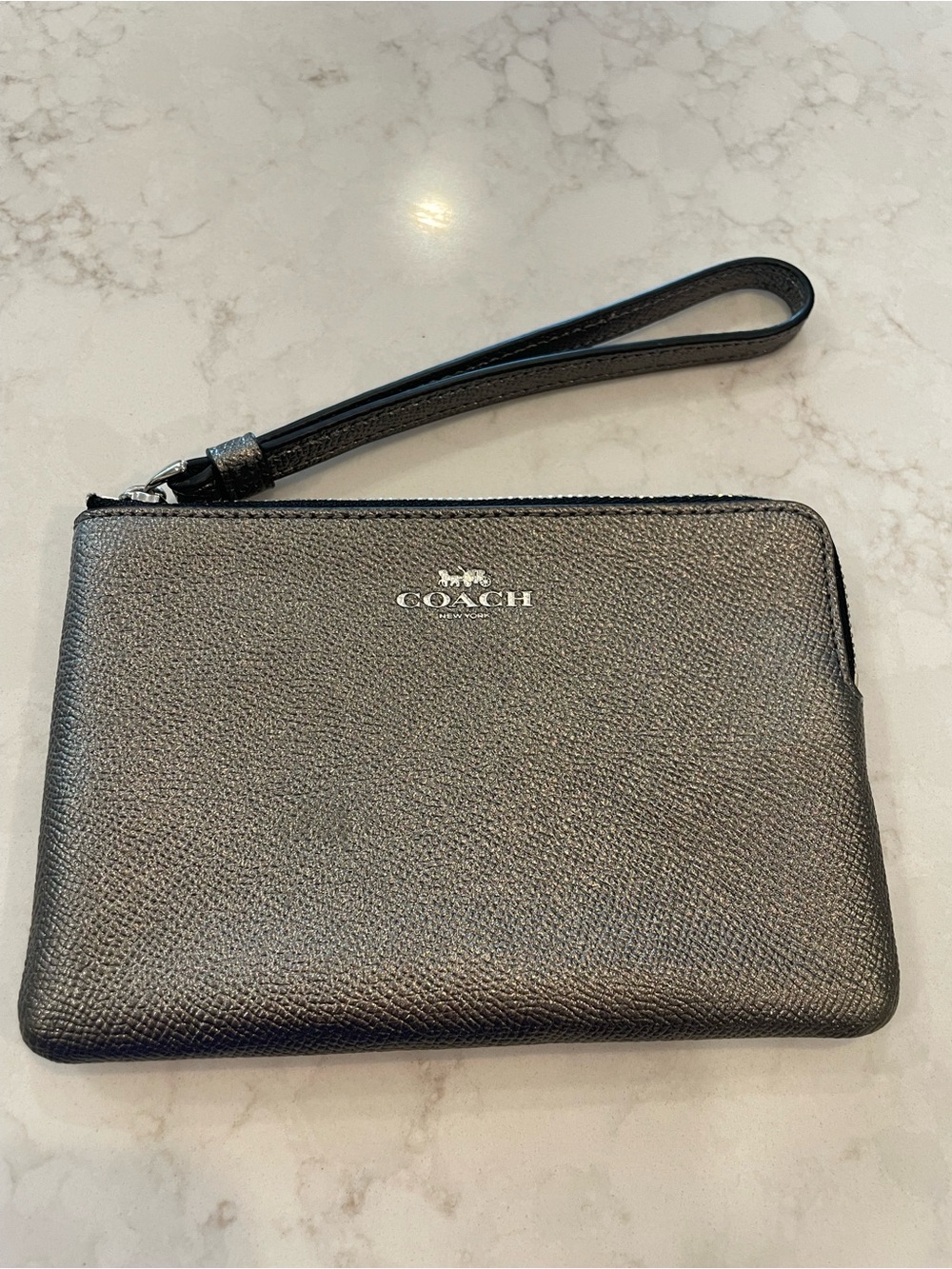 COACH Metallic Dark Grey Leather Wristlet Pouch